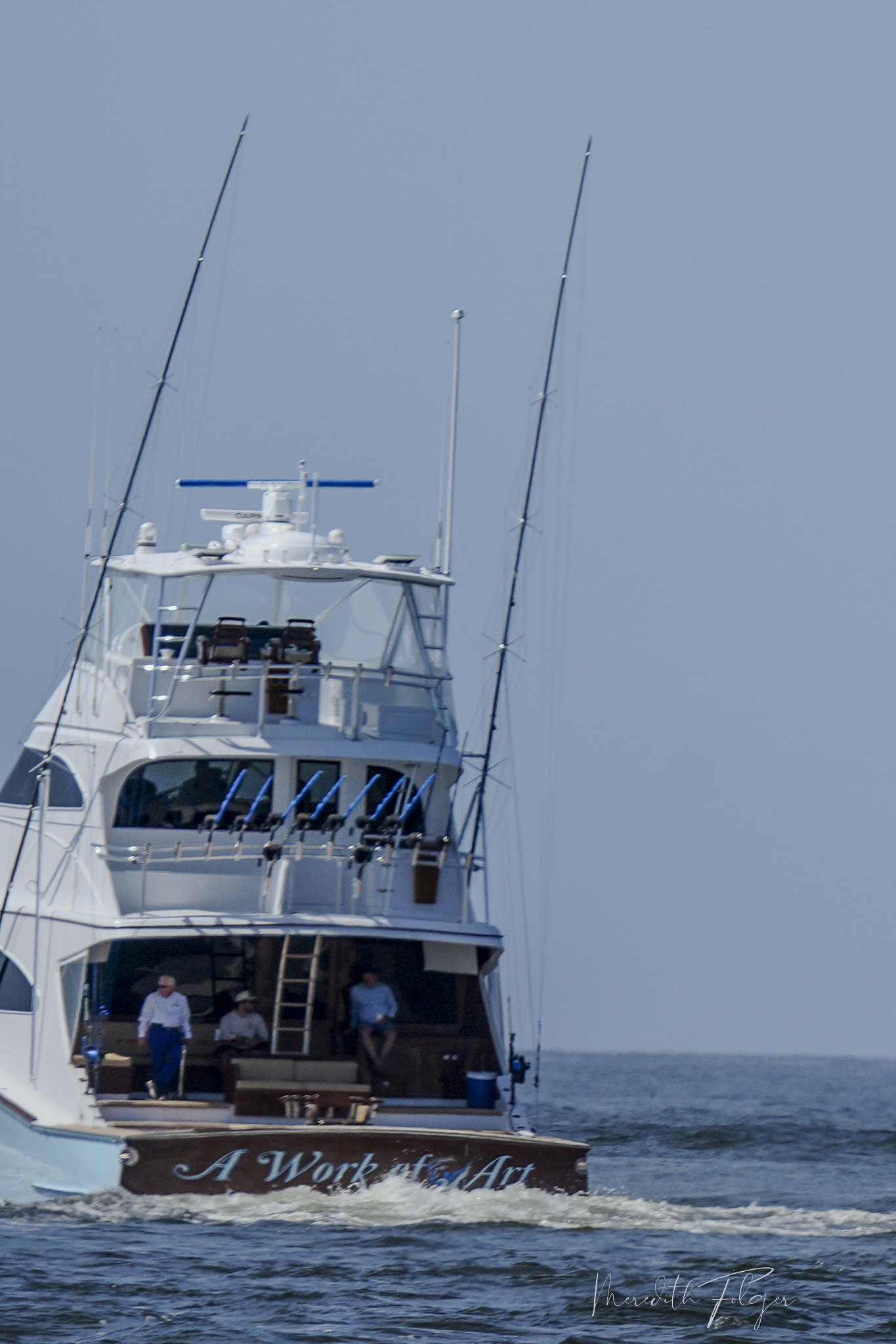 A Work of Art sportfishing yacht navigating Perdido Pass during the 2026 Blue Marlin Grand Championship in Orange Beach, Alabama